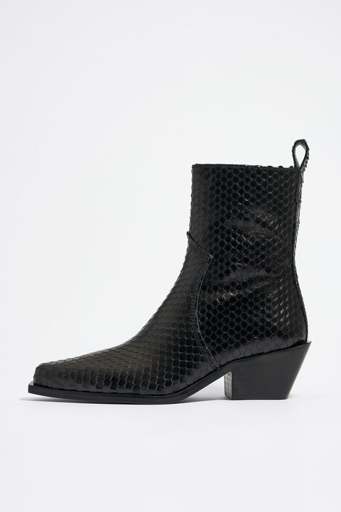 Black snakeskin patterned leather boot
