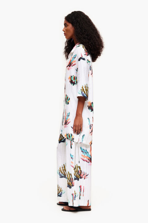 Long ivory Coral print shirt dress