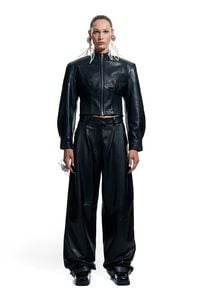 Black leather maxi pleat trousers