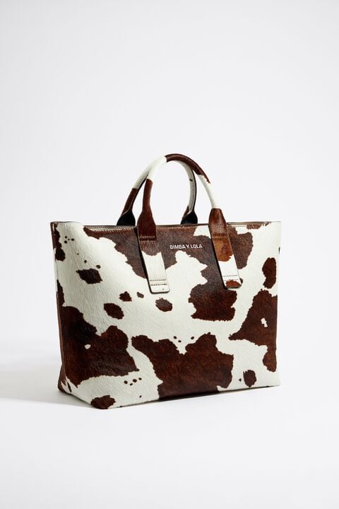 L Cow print leather shopper bag