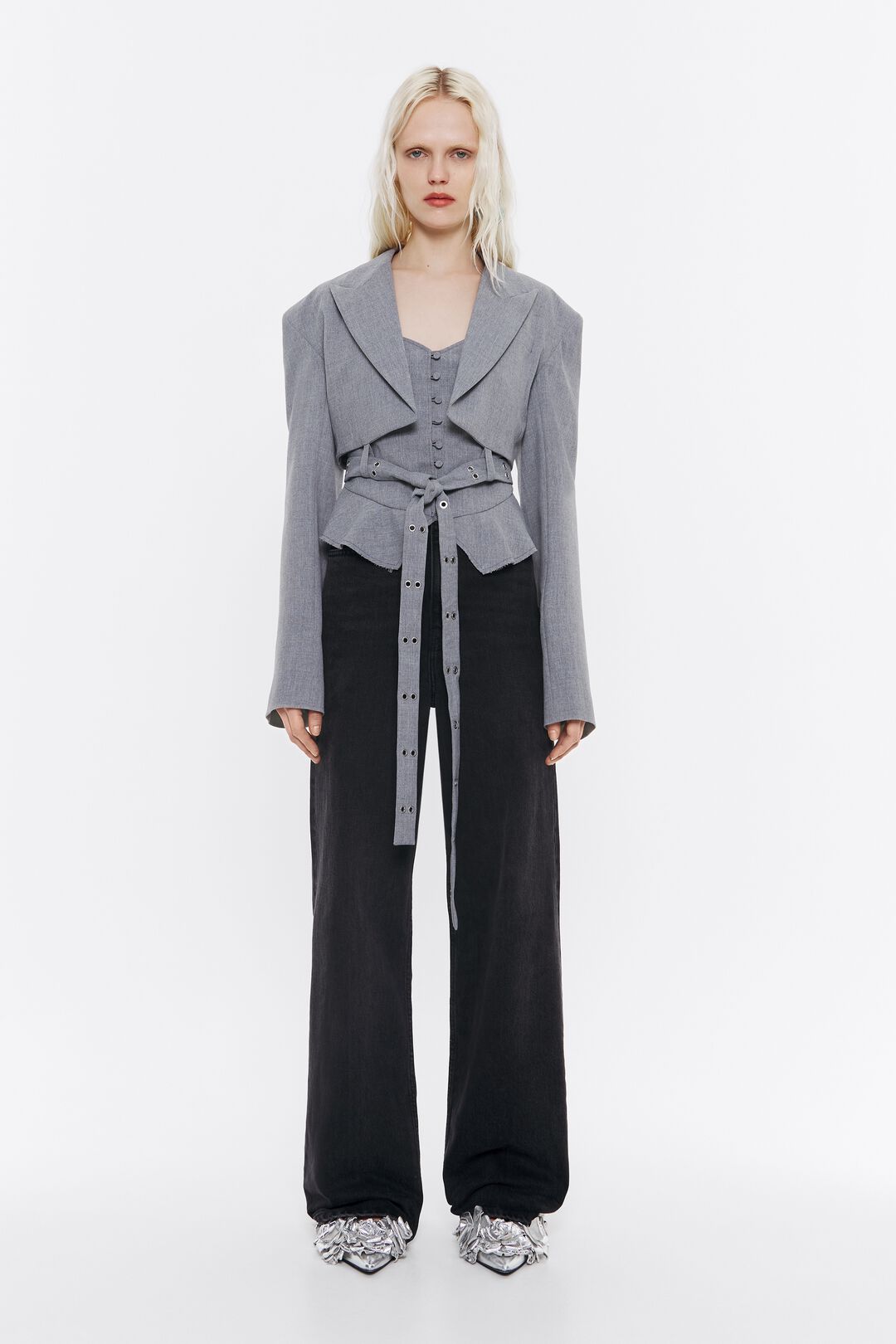 ZARA NEW WOMAN SS24 GREY CROPPED JACKET COMBINED WITH HOOD REF