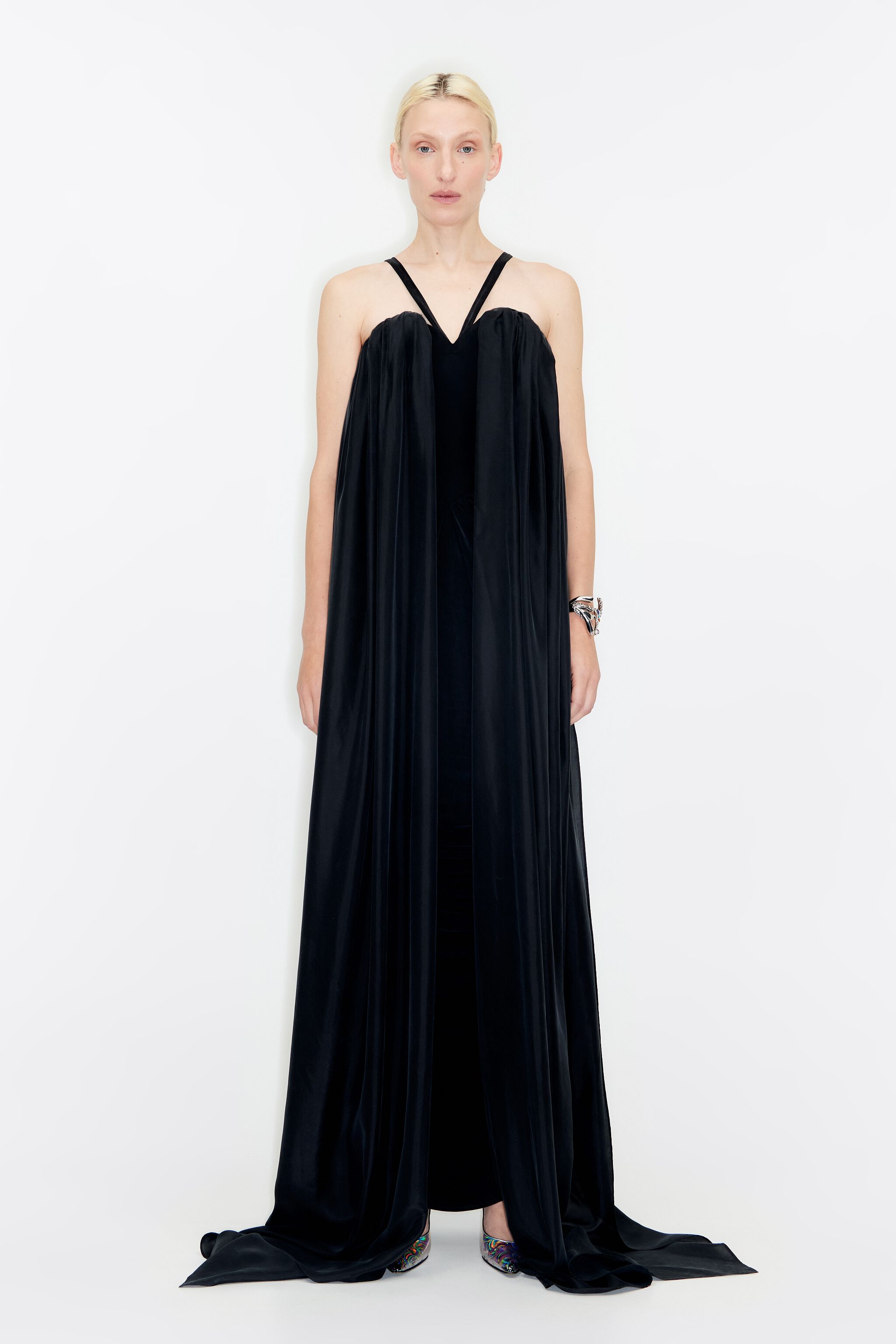 Black silk pleated dress with layers