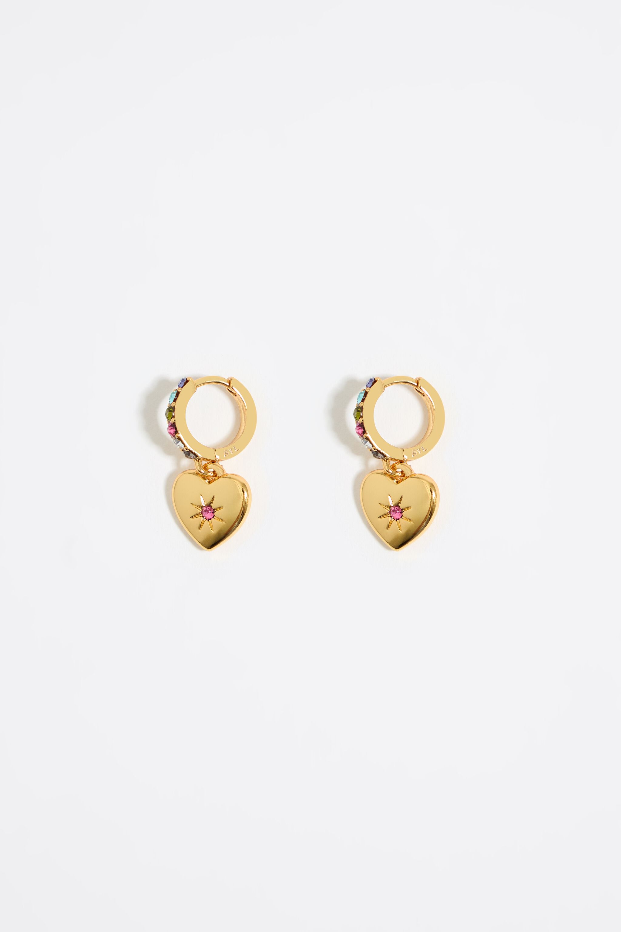 Golden mini hoop earrings with crystals and heart