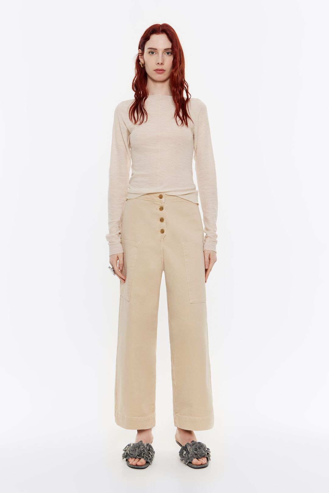 Beige straight ankle length trousers