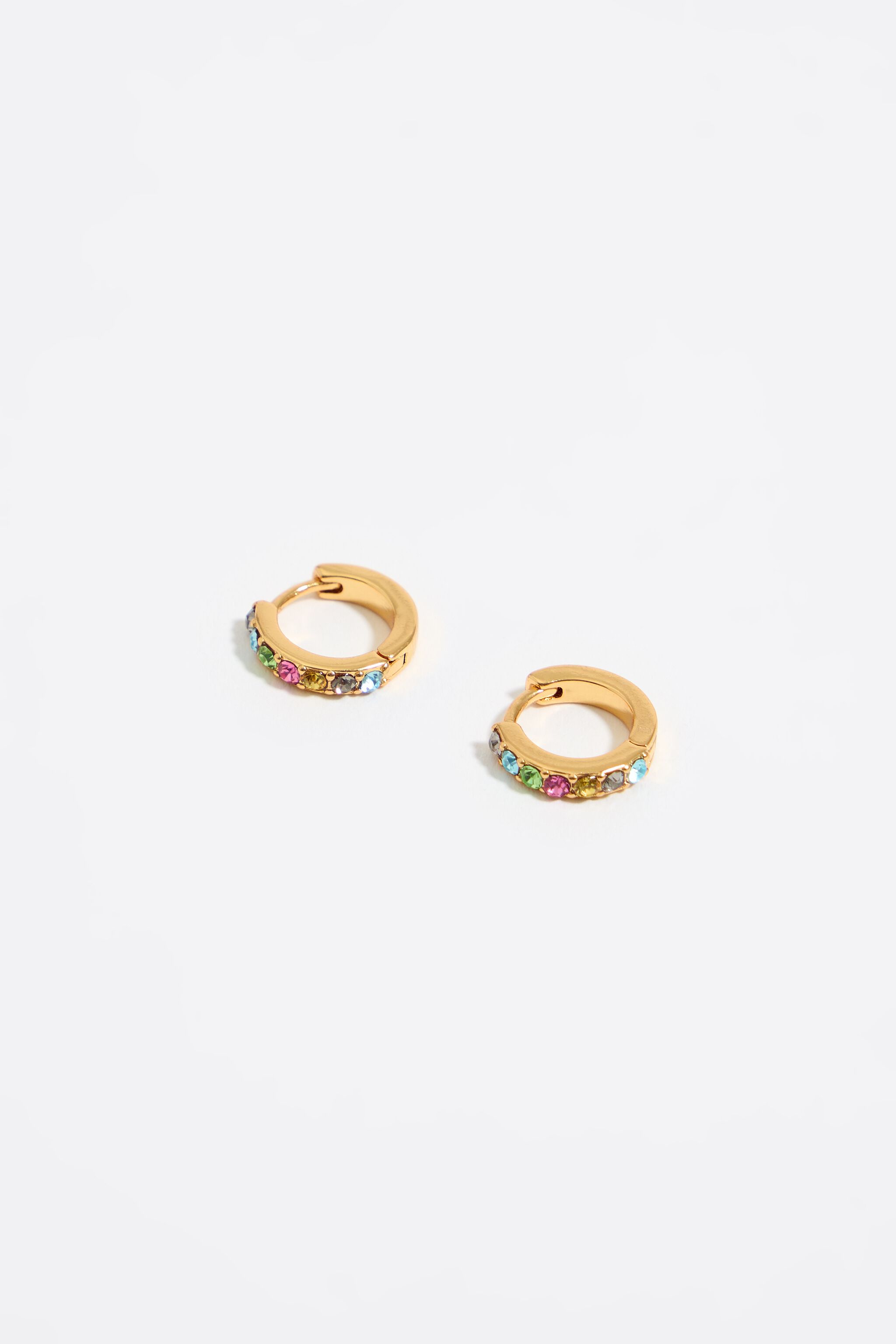 Golden mini hoop earrings with multicolored crystals