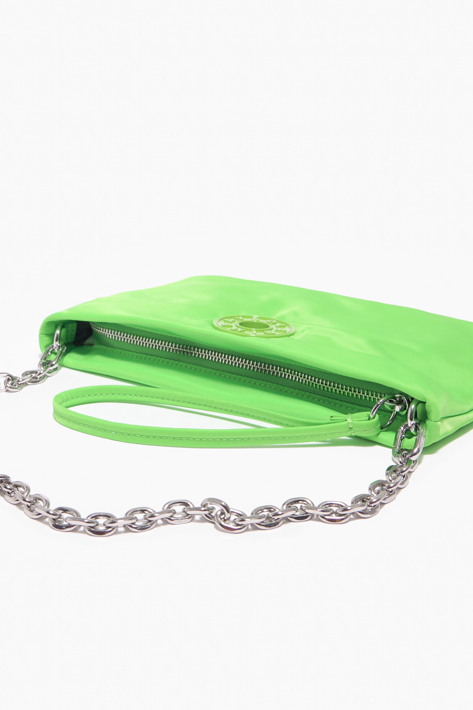 Nylon crossbody bag in neon green. Mini model with zip fastener, flat  interior pocket and chain strap. Exterior customized with Chimo logo. This  model contains 100% Recycled polyester + 100% Recycled polyamide.