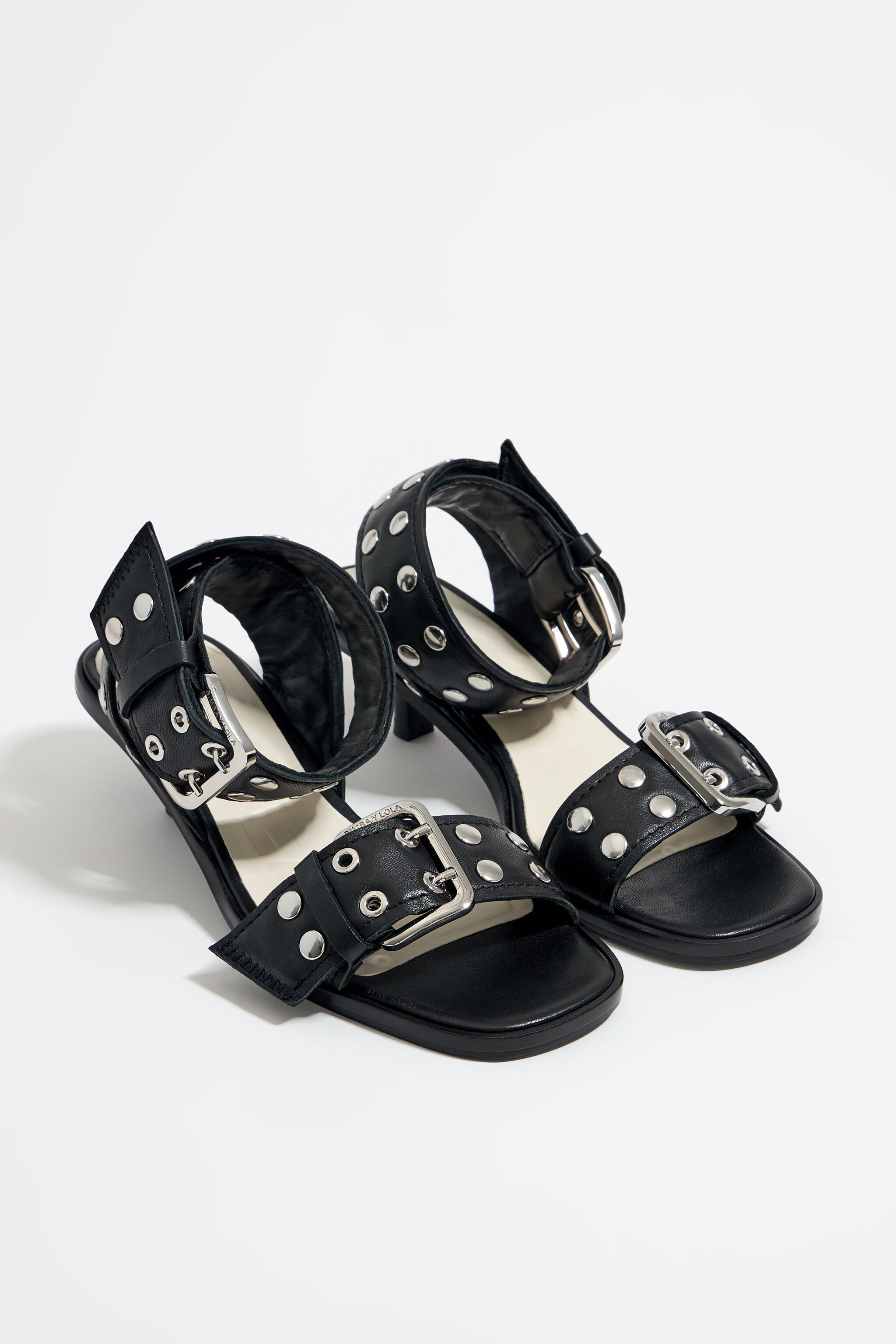 Studded black leather heeled sandal