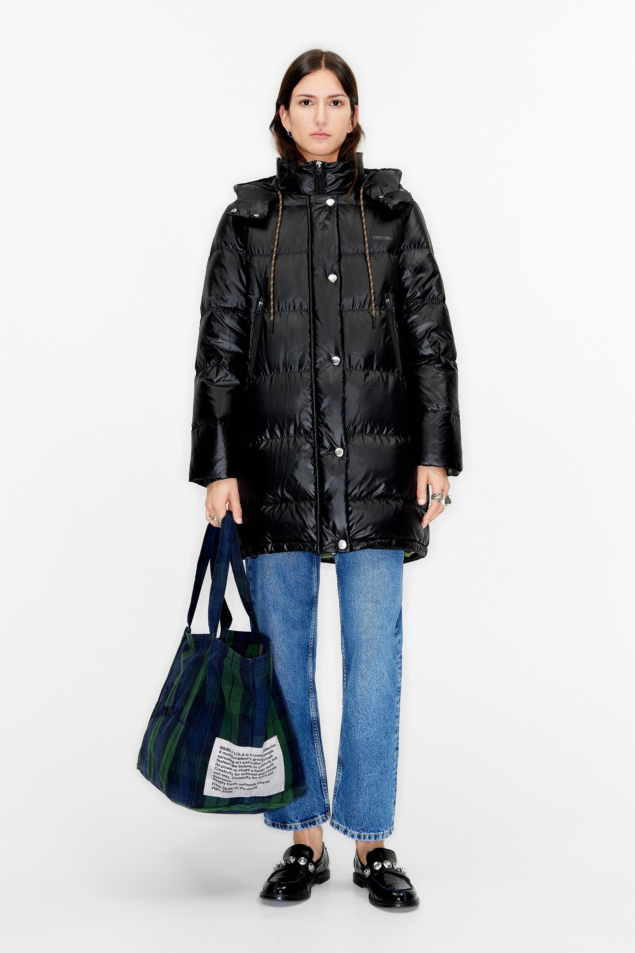 Black quilted midi puffer