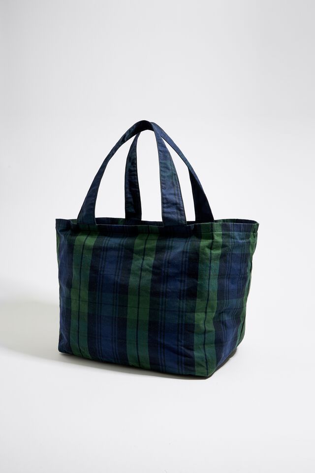 Letter Patch Shoulder Tote Bag Plaid Pattern Double Handle For